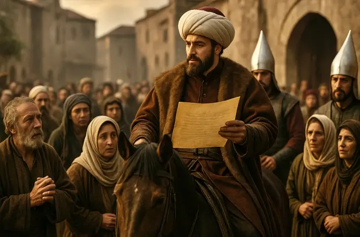 Fatih Sultan Mehmet’in İstanbul’un fethinden sonra halka hitaben güvenlik ve düzeni ilan eden fermanını okuması.